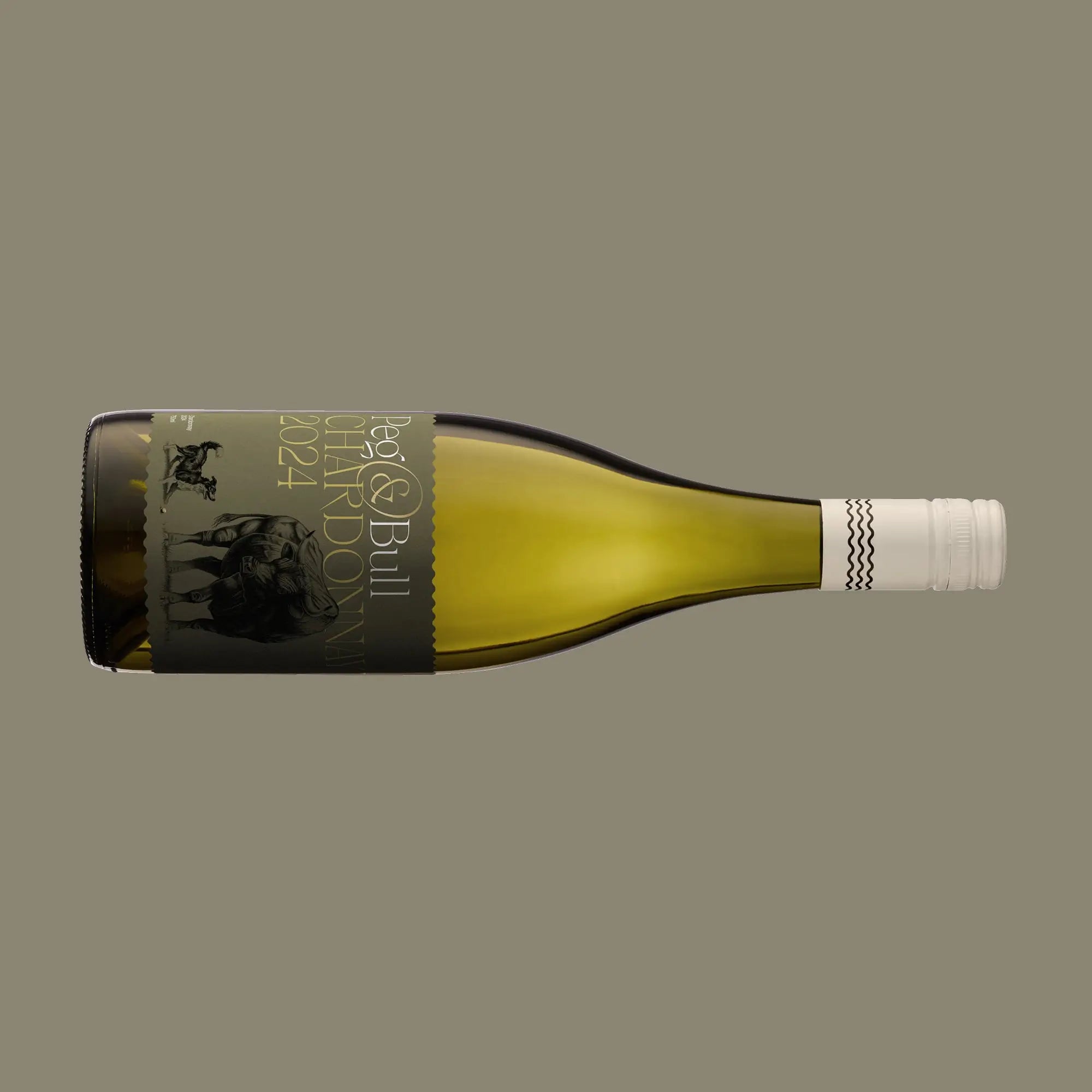 Peg & Bull Chardonnay wine bottle on a light green background