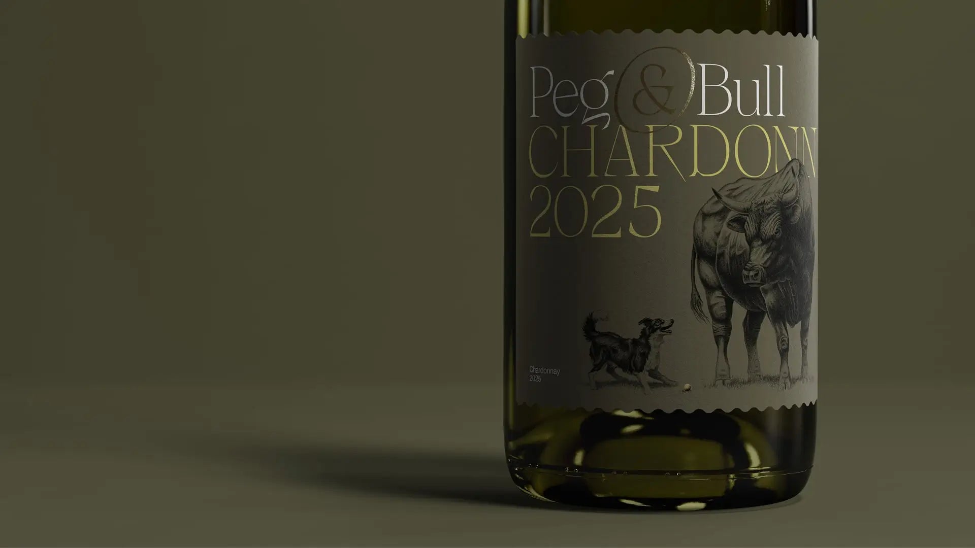 Wine bottle labeled 'Peg & Bull Chardonnay 2025' with a dog and bull illustration on the label on a dark background