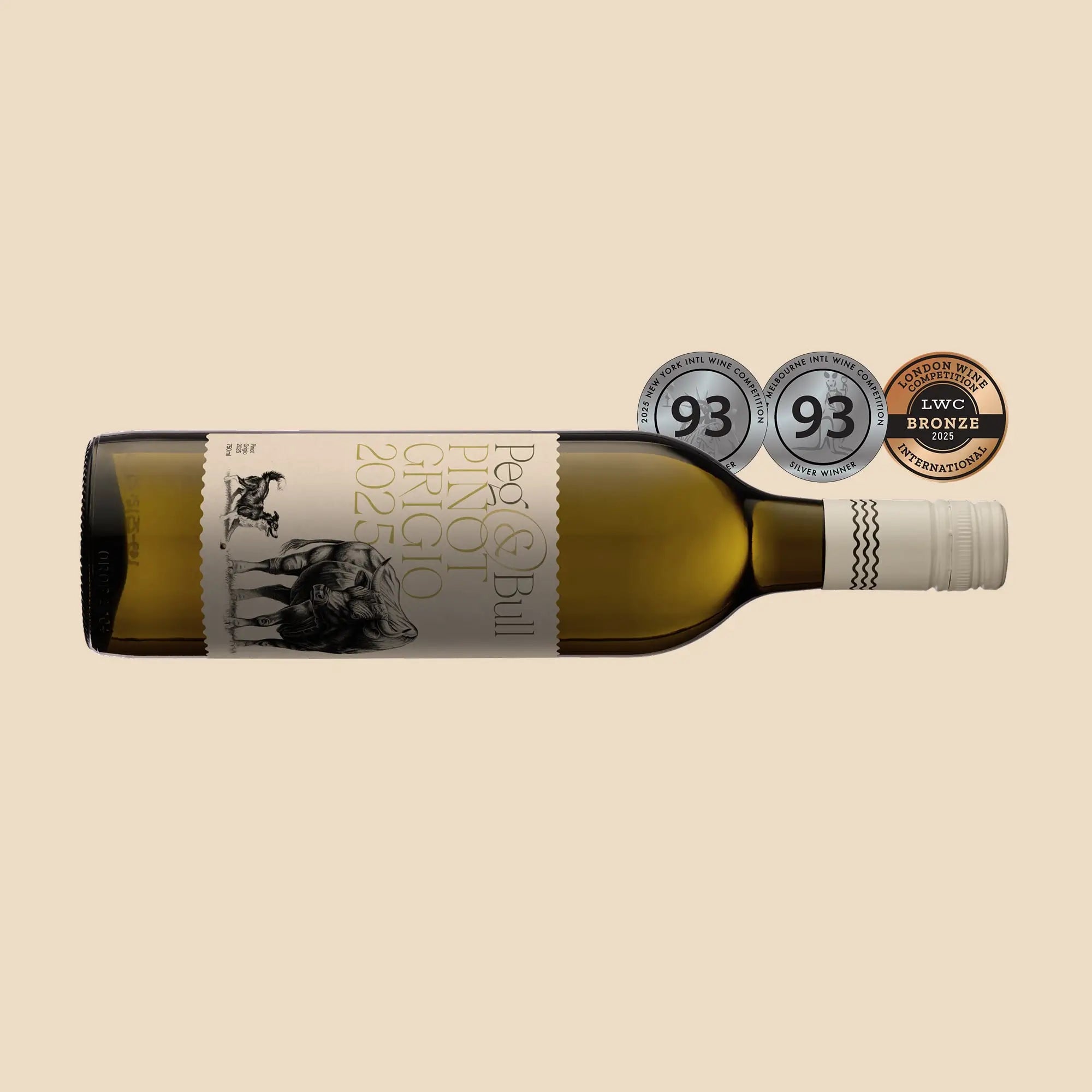 Peg & Bull Pinot Grigio wine bottle featuring multiple wine awards on a beige background