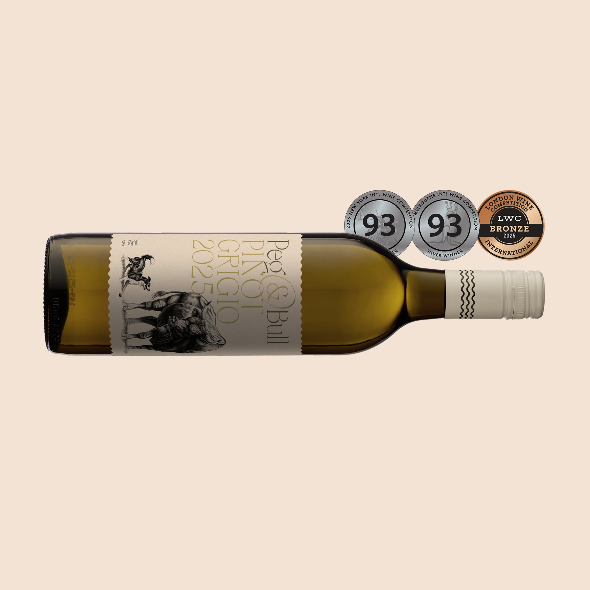Peg & Bull Pinot Grigio wine bottle featuring multiple wine awards on a beige background