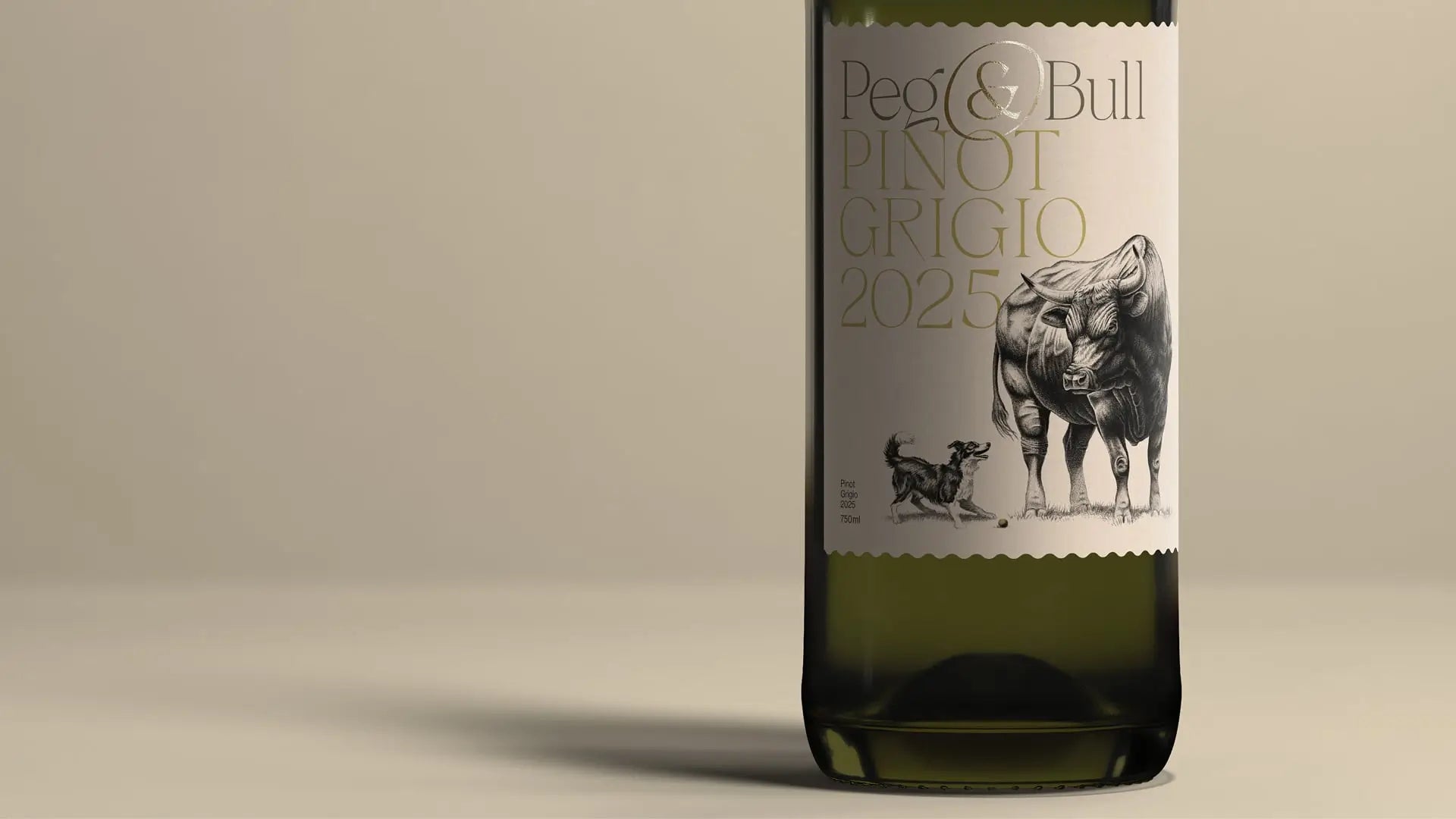 Peg & Bull Pinot Grigio 2025 with a label with an illustration of a dog and a bull on a beige background.