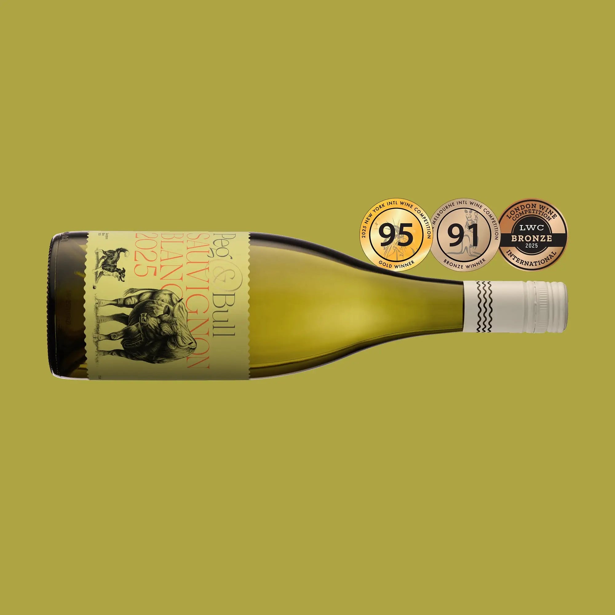 Peg & Bull Sauvingon Blanc wine bottle featuring multiple wine awards on a green background