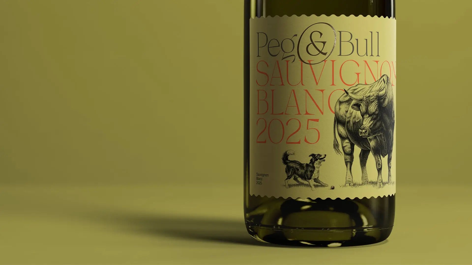 Wine bottle labeled 'Peg & Bull Sauvignon Blanc 2025' with a dog and bull illustration on the label on a green background